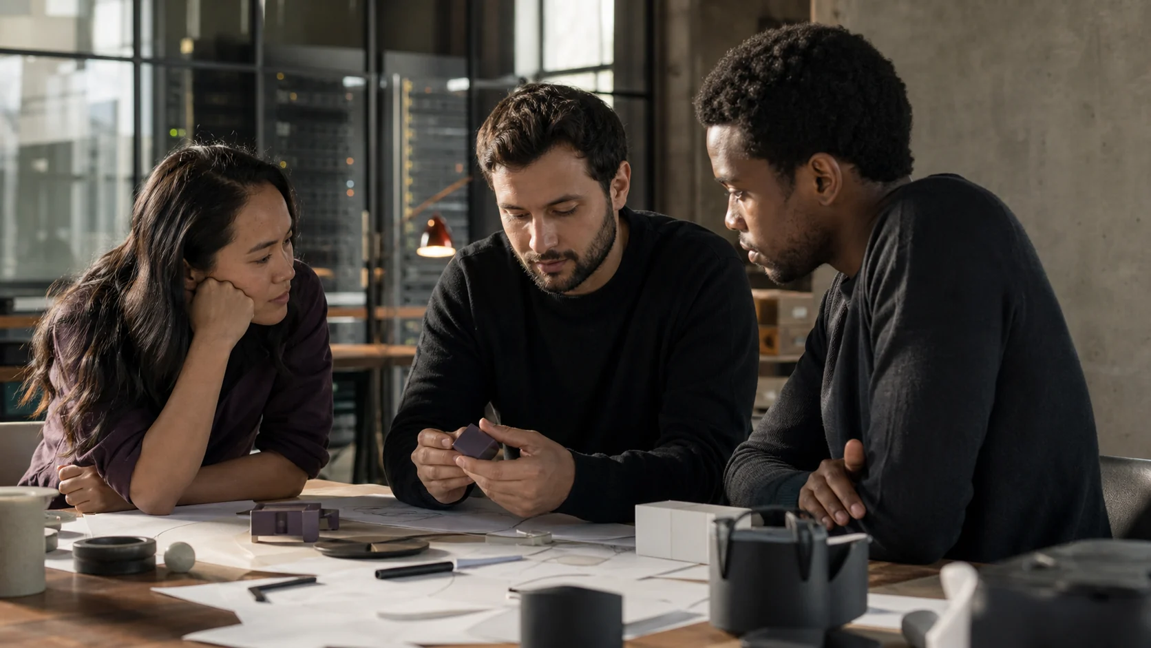 A technology founding team discussing product prototypes together