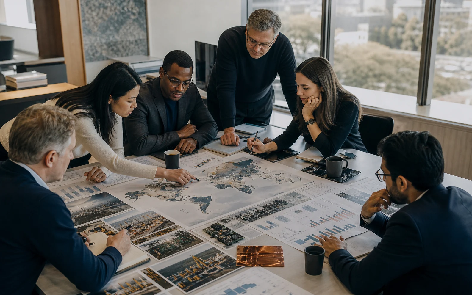 Investment team studying global capital and industrial flows