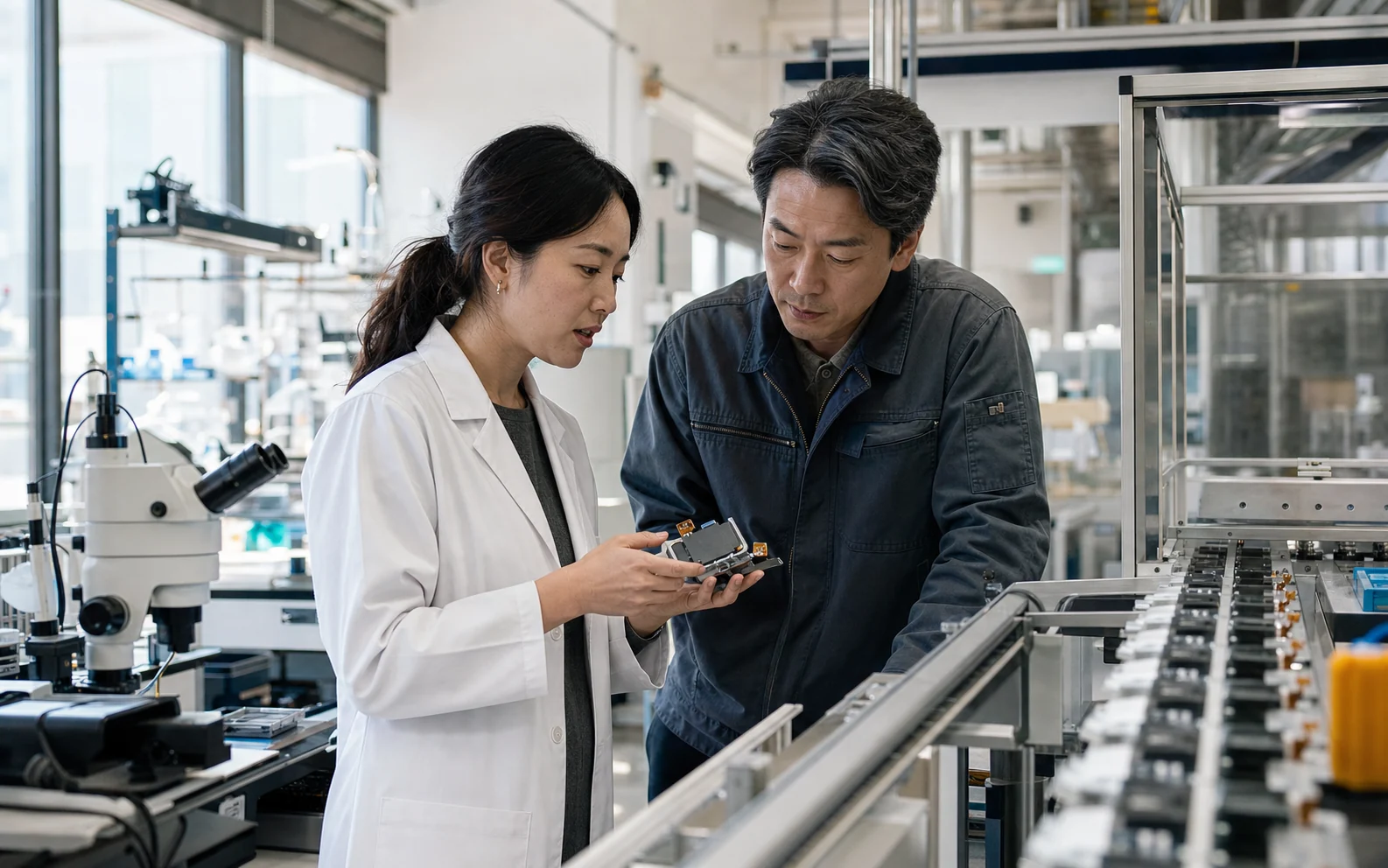 Scientist and manufacturing engineer inspecting a product on a pilot line