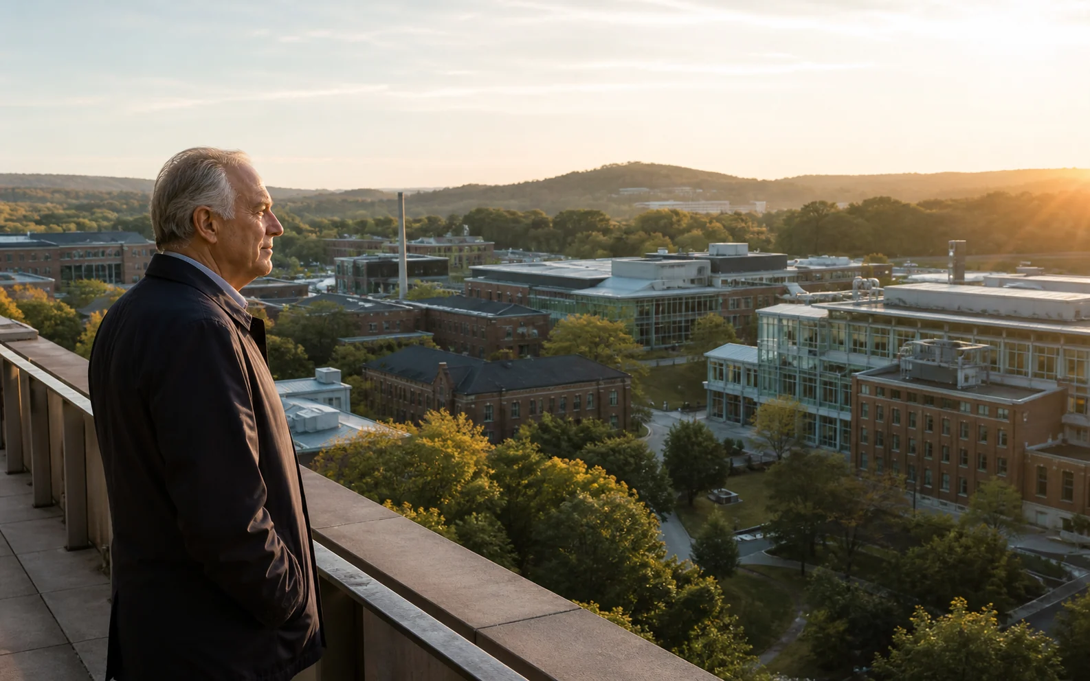 Founder overlooking a research campus built over many years