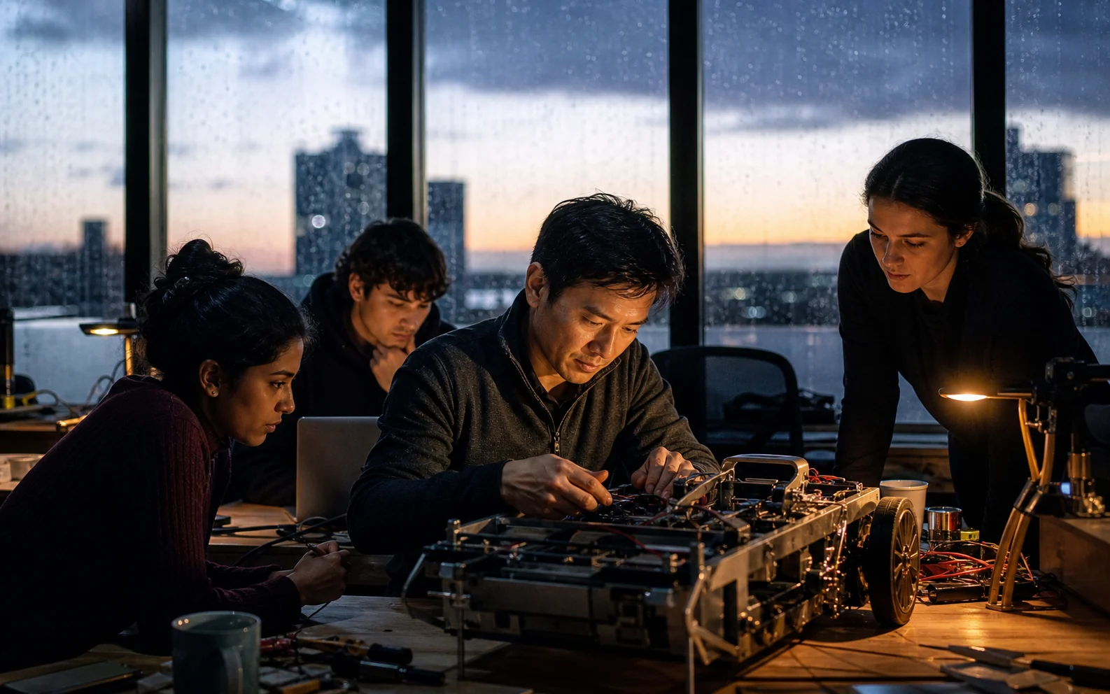 A founding team continuing to build and test a prototype through a difficult night